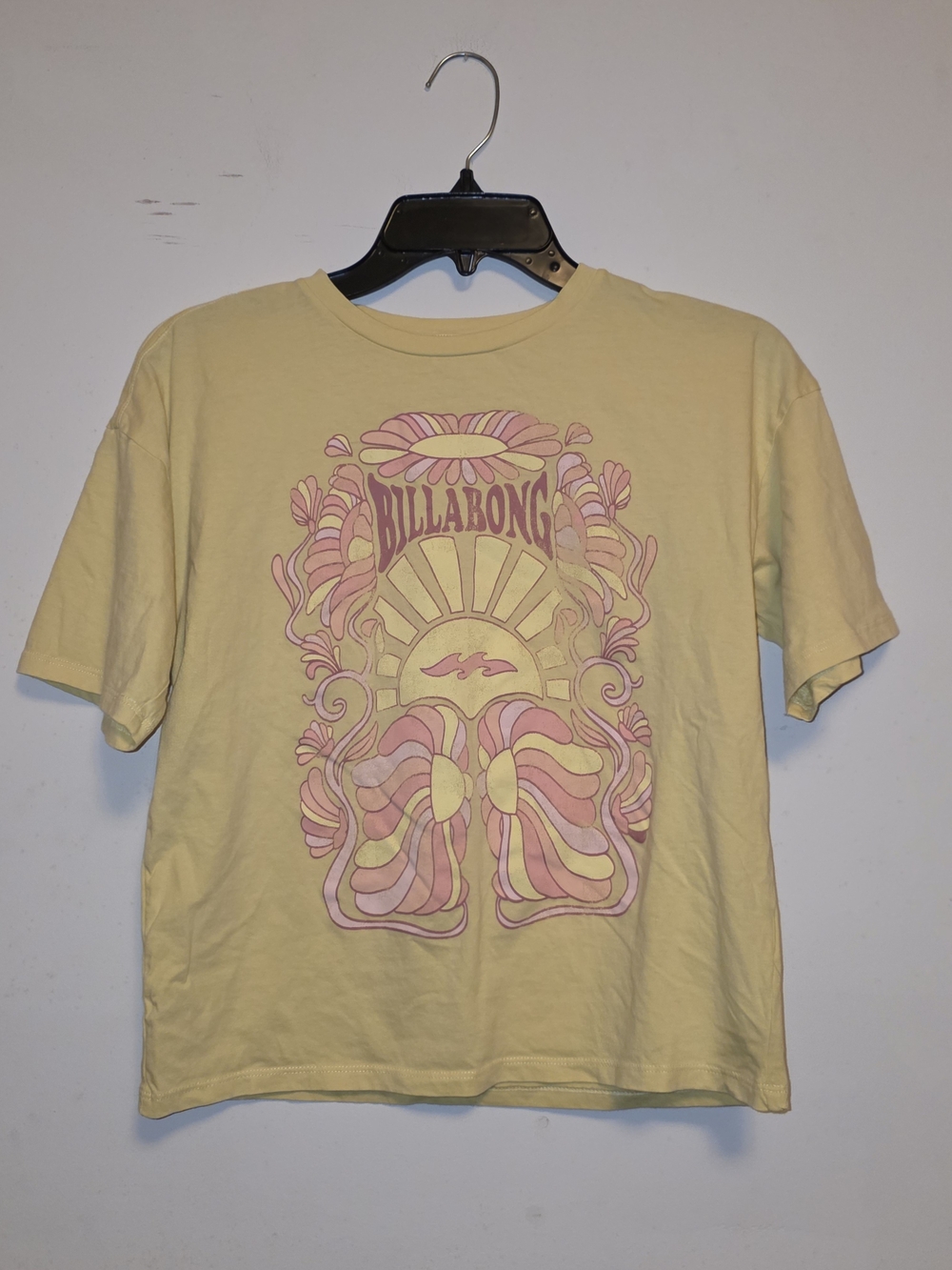 Billabong Women's Pale Yellow Long Sleeve Tee with Pink Graphic